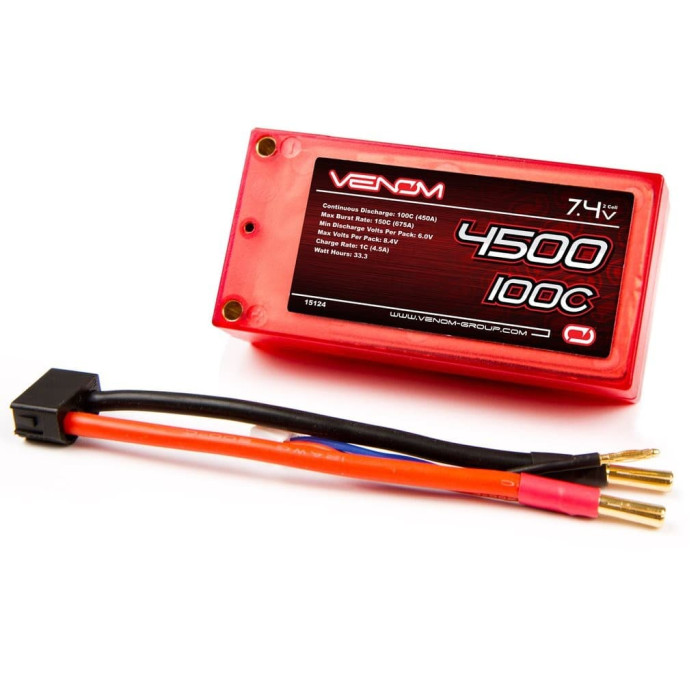 Venom 100C 2S 4500mAh 7.4V LiPo Battery Shorty Pack ROAR Approved with UNI Plug