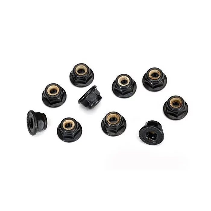 Traxxas Nuts, 4mm flanged nylon locking, serrated (black) (10)